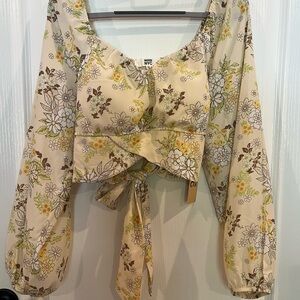 Floral Beige Blouse with Tie Front